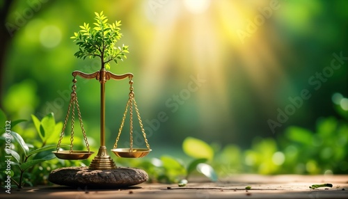 Scales of justice symbolize eco law, sustainable biz. Small tree grows on top of scale representing eco responsibility, balance. Green environment background with sunlit bokeh. Image highlights