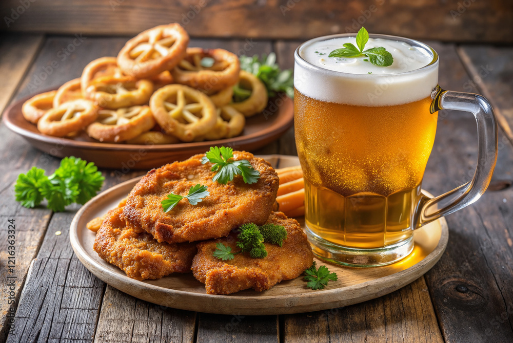 Schnitzel with beer and pretzels on rustic table Schnitzel with beer and pretzels on rustic table