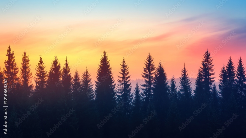 Obraz premium Sunset over silhouetted pine forest, idyllic landscape, nature background, travel poster