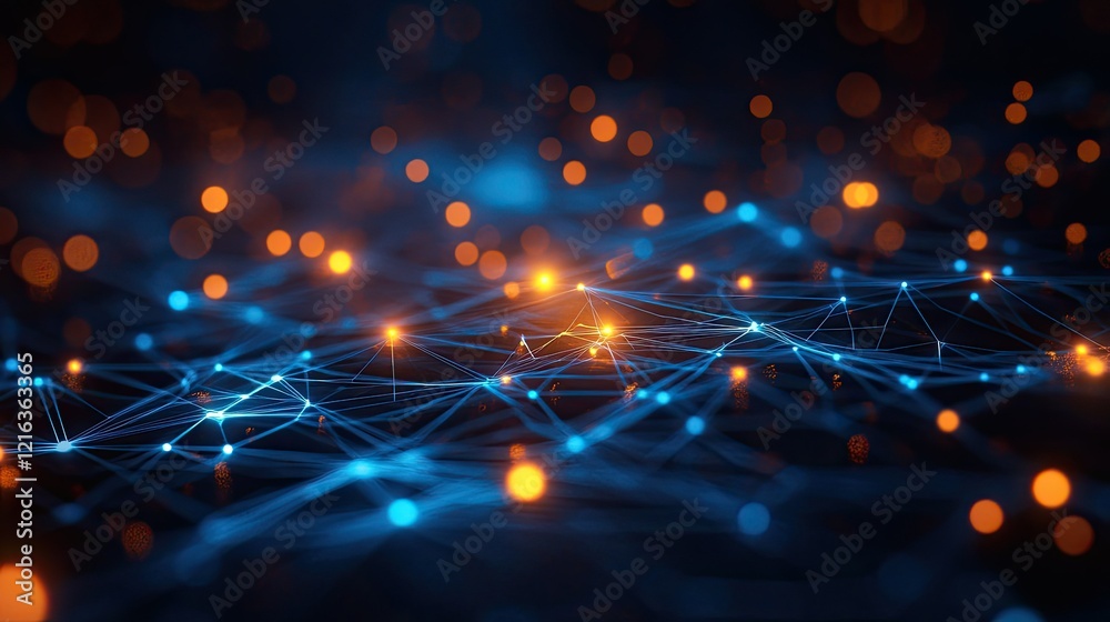 Obraz premium Abstract Network Connections: A Digital Universe of Blue and Orange Nodes