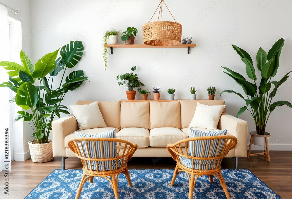 Fototapeta premium Cozy living room, bohemian style, beige sofa, rattan chairs, blue patterned rug, large indoor plants, monstera, fiddle leaf fig, white brick wall, wooden floating shelves, woven pendant light, natural
