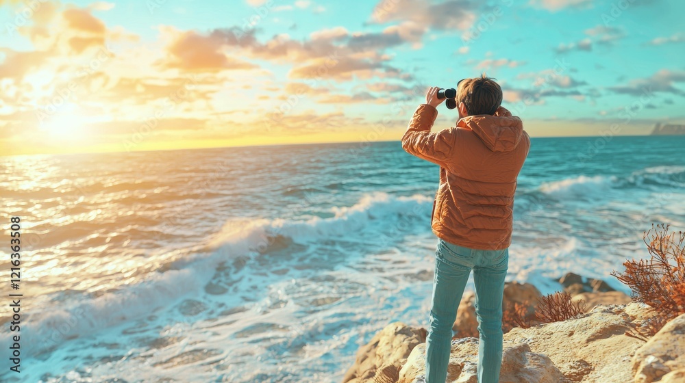 Person capturing sunset over ocean waves from rocky shoreline at coastal location Person capturing sunset over ocean waves from rocky shoreline at coastal location