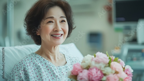 Cheerful woman in hospital holding flowers, radiating hope and positivity.