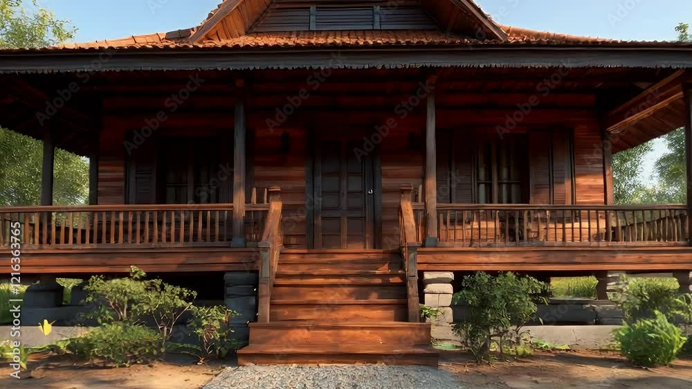 Traditional wooden house with red tile roof, porch, and steps, surrounded by lush green trees and plants, under a clear blue sky. Traditional wooden house with red tile roof, porch, and steps, surrounded by lush green trees and plants, under a clear blue sky.