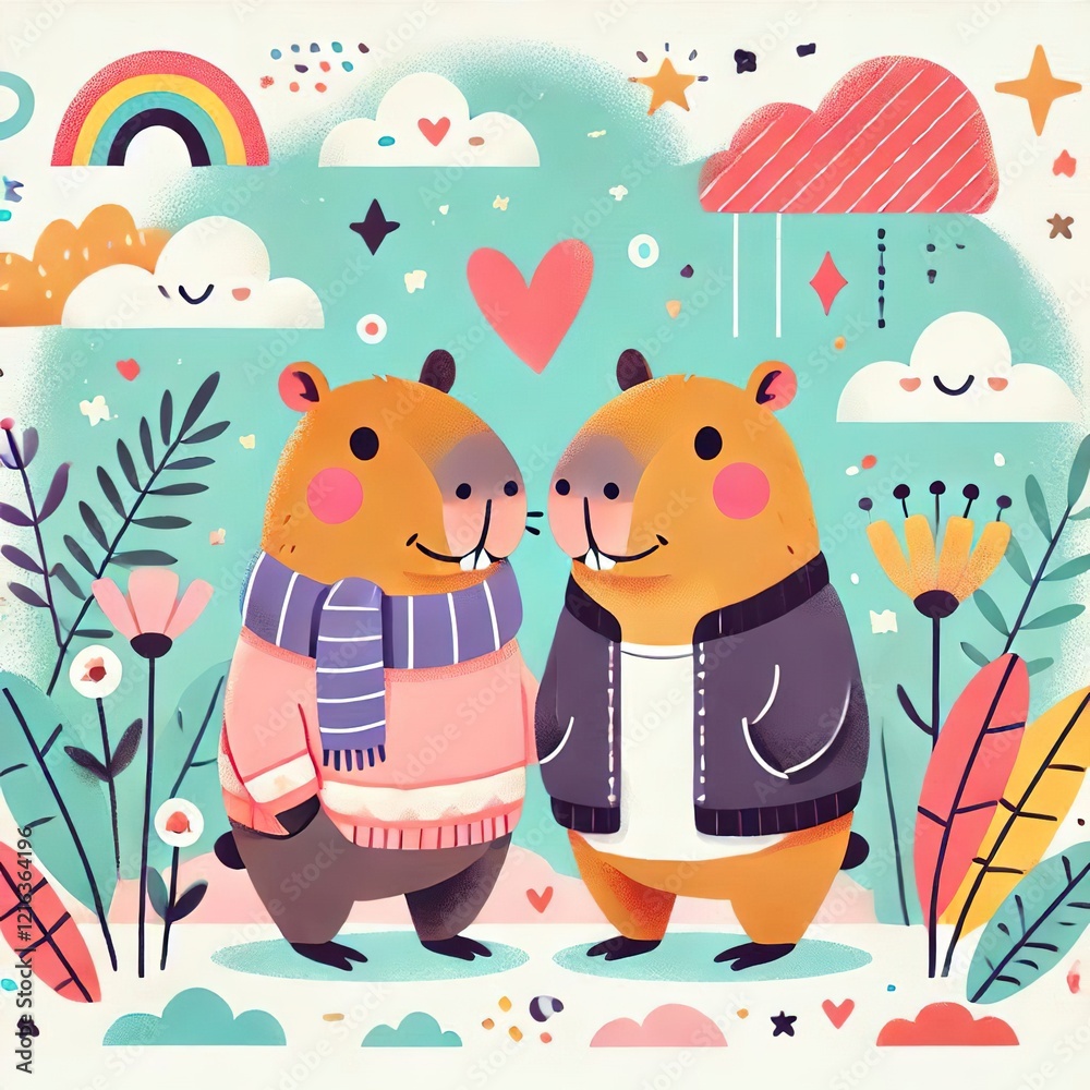 Naklejka premium Illustration Capybara, funny, cute capybaras, lovers, valentine's day, postcard