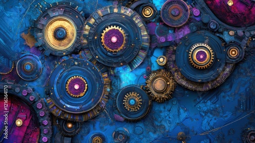 Abstract Mechanical Gears Artwork: A Symphony of Blue, Gold, and Purple photo