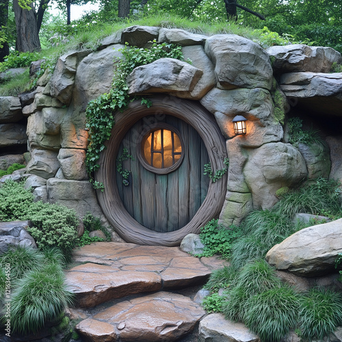 Charming round stone doorway surrounded by lush greenery and rocky terrain in a magical garden photo