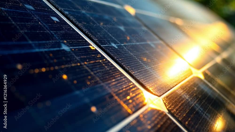 Golden sun reflecting on solar panels surface during a bright sunny day