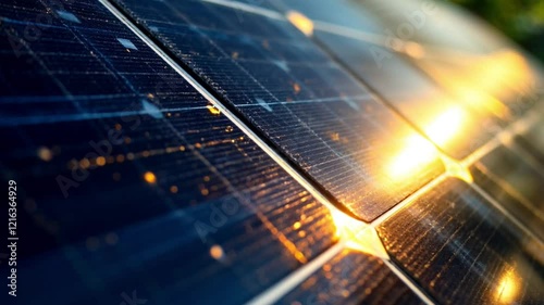 Golden sun reflecting on solar panels surface during a bright sunny day