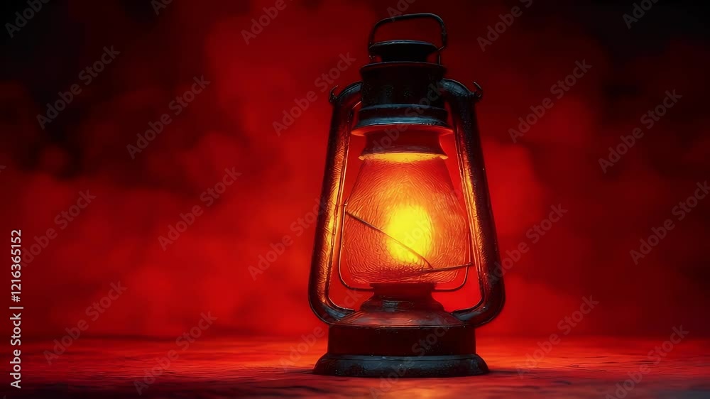 Illuminated antique kerosene lamp on red background.