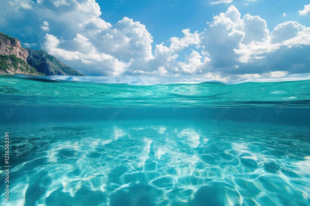 Fototapeta premium Crystal-clear water of a tropical lagoon reflecting the sky, where the purity of the scene is amplified by the vibrant colors and natural beauty