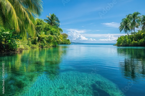 Crystal-clear water of a tropical lagoon reflecting the sky, where the purity of the scene is amplified by the vibrant colors and natural beauty