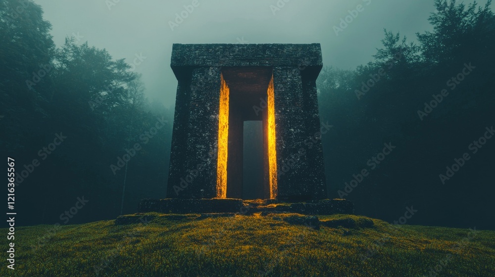 Mystical Ancient Stone Structure Illuminated by Golden Light in Foggy Forest Setting Mystical Ancient Stone Structure Illuminated by Golden Light in Foggy Forest Setting