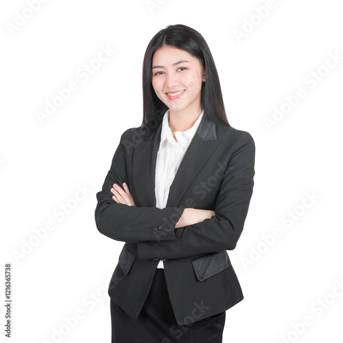 Portrait beautiful working Asian woman , business girl standing arms crossed with happiness isolated on a transparent background
