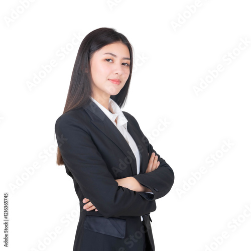 portrait of a business woman , beautiful Asian girl whit suit standing arms crossed isolated on a transparent background , business people concept