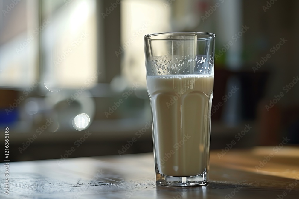 Refreshing plant based milk beverage in a glass, placed on a wooden table, perfect for vegan or lactose free diets Refreshing plant based milk beverage in a glass, placed on a wooden table, perfect for vegan or lactose free diets