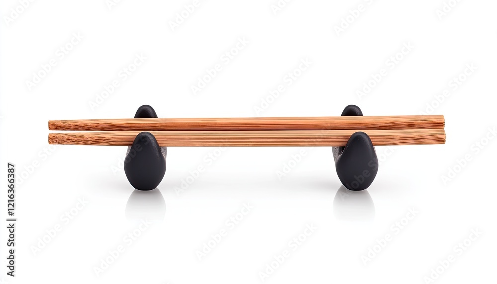 Elegant wooden chopsticks resting on a stylish black holder, set against a clean white background Elegant wooden chopsticks resting on a stylish black holder, set against a clean white background