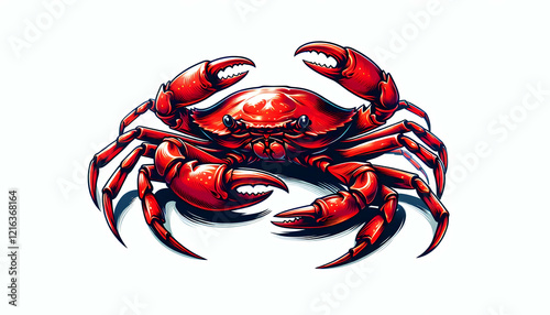 Food A dynamic illustration of a red crab, with its claws raised and six legs spread out The claws are op3 photo