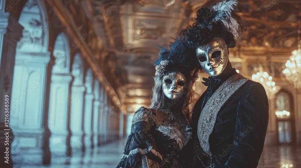 Fototapeta premium Masquerade Elegance: A captivating couple in elaborate Venetian-style masquerade costumes, their faces veiled by elegant silver masks, stand in a grand, opulent hallway.