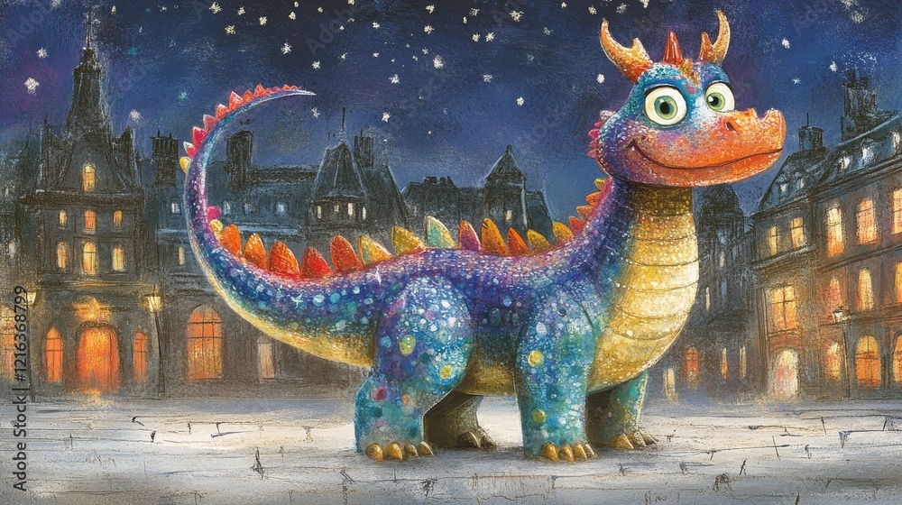 Fototapeta premium A whimsical, illuminated dragon standing in a snow-dusted cityscape at night