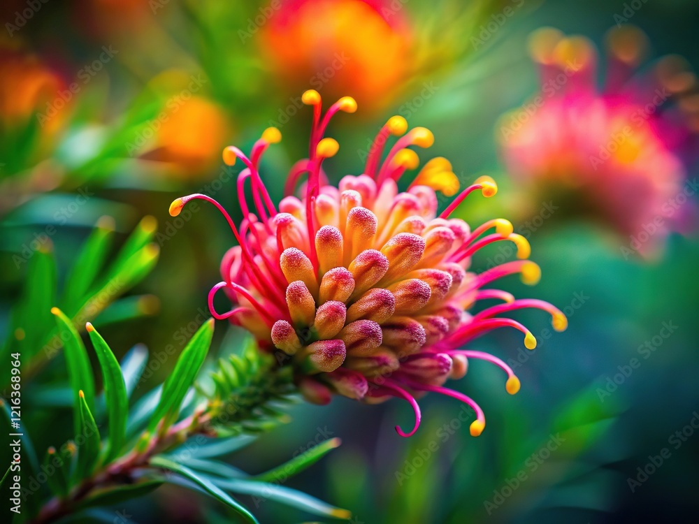 Miniature garden captured: tilt-shift Grevillea, artistic floral detail. Miniature garden captured: tilt-shift Grevillea, artistic floral detail.