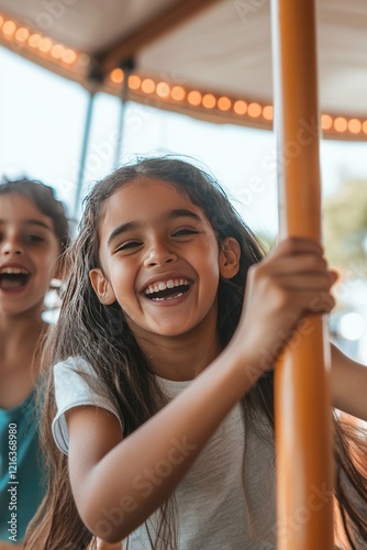 riends spinning on a merry-go-round, holding on tightly as it twirls, The laughter and playful photo