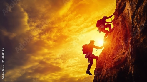 Two climbers ascending a rocky cliff at sunset, showcasing teamwork and determination.