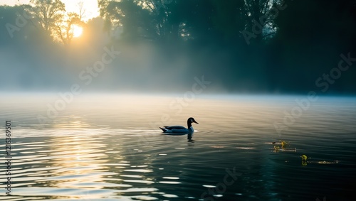 A Serene Duck Silhouette Glides Effortlessly Across a Calm Pond photo