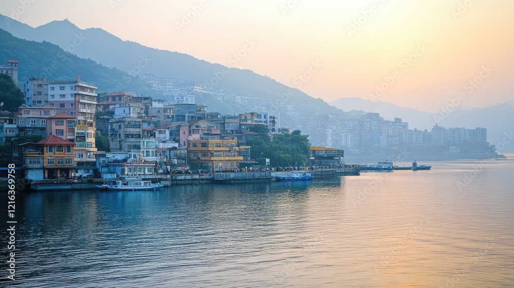 Naklejka premium Serene Sunset over Lakeside Town nestled in Mountains