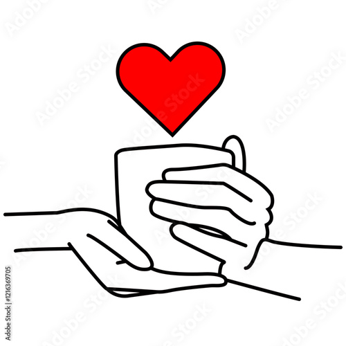 Two hands holding a warm drink with a heart symbol above. Heart symbol, warmth, and care. Hands offering a hot beverage. warmth and love-themed designs. Hands holding a cup with heart symbol.