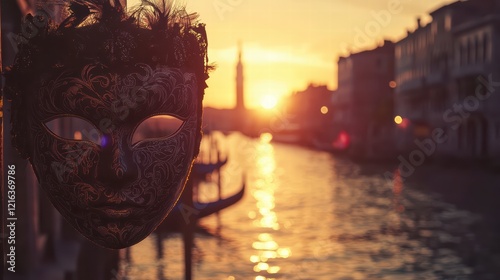 Venetian Sunset Mask: An ornate Venetian mask hangs in the golden hour light, overlooking a tranquil canal scene at sunset. The silhouette of a distant campanile adds to the romantic ambiance.  photo