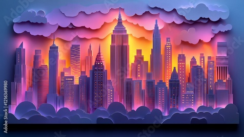 Vibrant skyline at sunset showcasing dramatic colors and iconic skyscrapers. photo