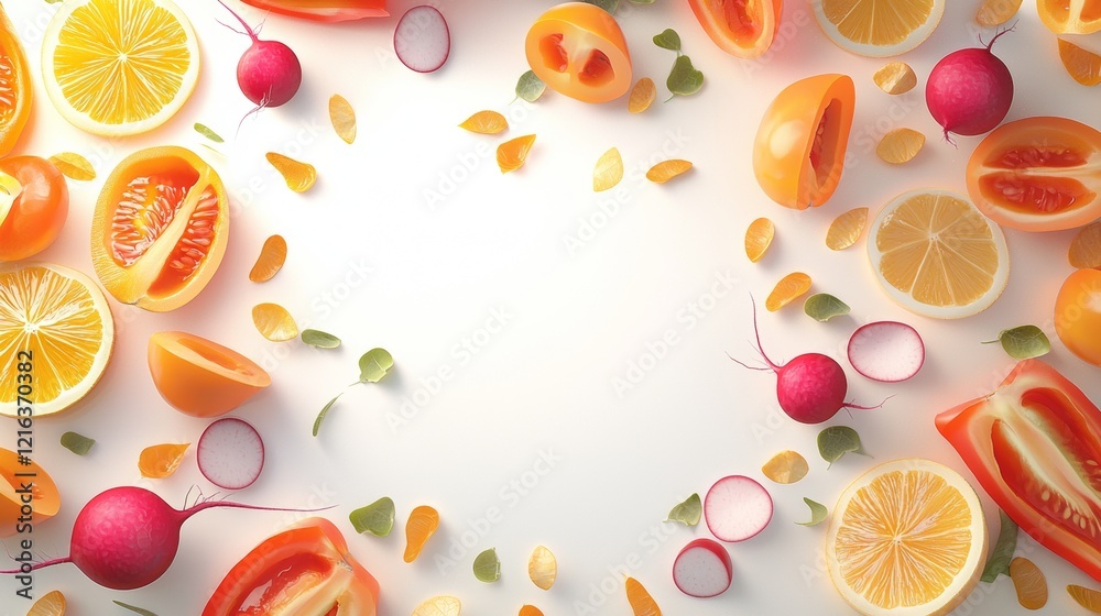 Colorful arrangement of fresh fruits and vegetables on a bright background emphasizing healthy eating Colorful arrangement of fresh fruits and vegetables on a bright background emphasizing healthy eating