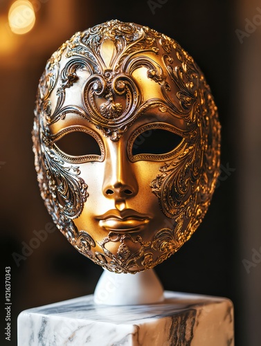 Intricate Golden Venetian Mask: A dazzlingly ornate Venetian mask, fashioned in gleaming gold, rests upon a pristine white marble pedestal. photo