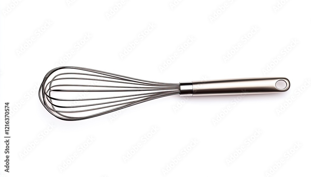 Stainless steel whisk resting on a white surface, ideal for culinary tasks and kitchen use, minimalistic design Stainless steel whisk resting on a white surface, ideal for culinary tasks and kitchen use, minimalistic design