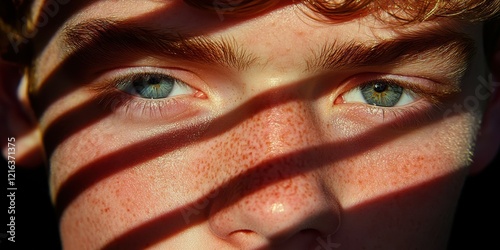 The model is captured in close-up, with sunlight casting soft shadows across his face. The light highlights the features of his face, like his eyes, cheekbones, and lips photo