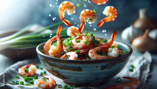 Food A close-up of a ceramic bowl containing 10 cooked shrimp with green onions sprinkled on top A few sh1 photo