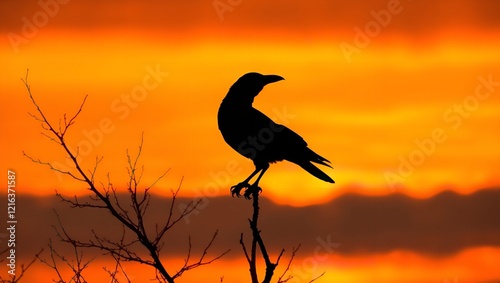 A Solitary Crow's Silhouette Stands Majestically Against a Golden Sunset photo