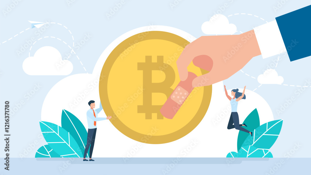 Obraz premium A bitcoin patched with plaster. A cryptocurrency market crash. Man trader saving crypto currency from financial crisis. Finance and trading. Vector illustration.