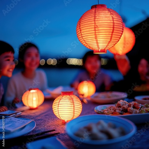 Cozy Evening Gathering with Lanterns and Delicious Food on Table