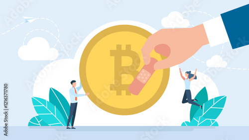 A bitcoin patched with plaster. A cryptocurrency market crash. Man trader saving crypto currency from financial crisis. Finance and trading. Vector illustration.