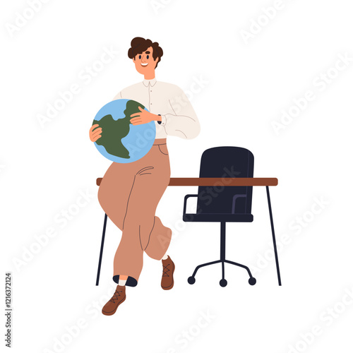 Geography teacher standing by desk with globe during lecture. Happy man lectu...