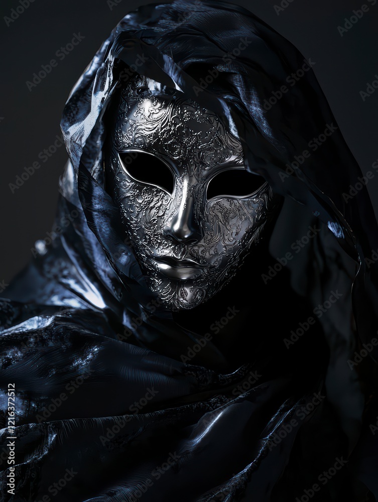 Silver Mask Mystery: An enigmatic figure shrouded in darkness, their face concealed by an ornate silver Venetian mask, creates an atmosphere of intrigue and mystery.