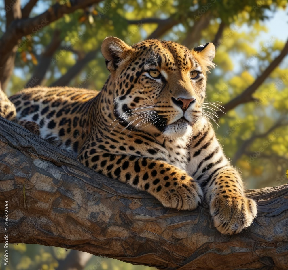 Fototapeta premium A leopard's fur blends with the colors of its surroundings on a resting spot on a tree branch, resting, branch