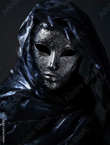 Silver Mask Mystery: An enigmatic figure shrouded in darkness, their face concealed by an ornate silver Venetian mask, creates an atmosphere of intrigue and mystery.