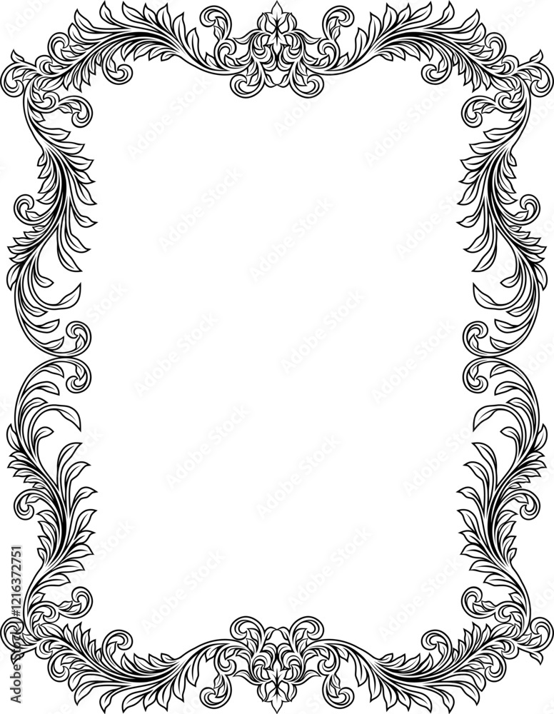 A filigree heraldic crest motif floral pattern border frame. Original design in a vintage style.