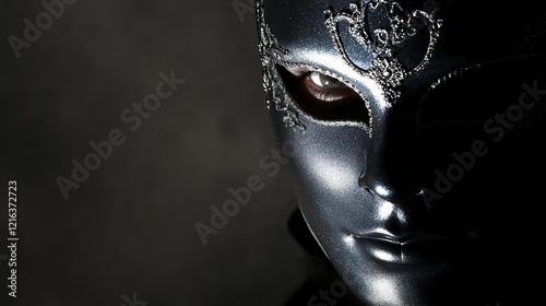 Silver Mask Mystery: An enigmatic silver masquerade mask with intricate embellishments obscures the wearer's identity, creating a sense of intrigue and mystery. photo