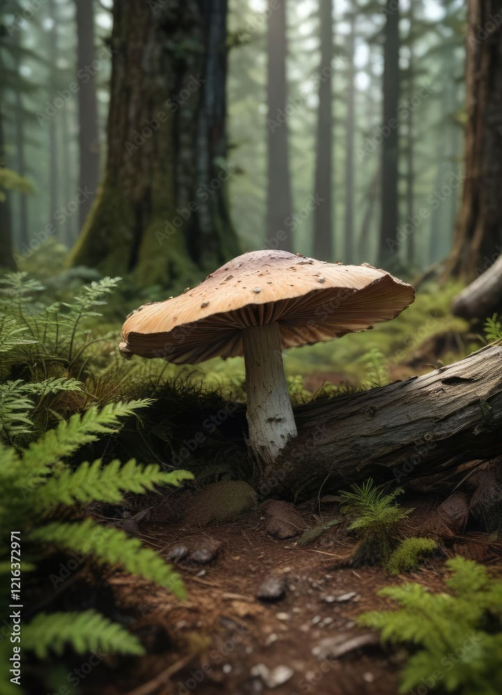 A lone fungus pushes through the undergrowth of a dense coniferous forest, natural world, forest undergrowth, fungi growth A lone fungus pushes through the undergrowth of a dense coniferous forest, natural world, forest undergrowth, fungi growth
