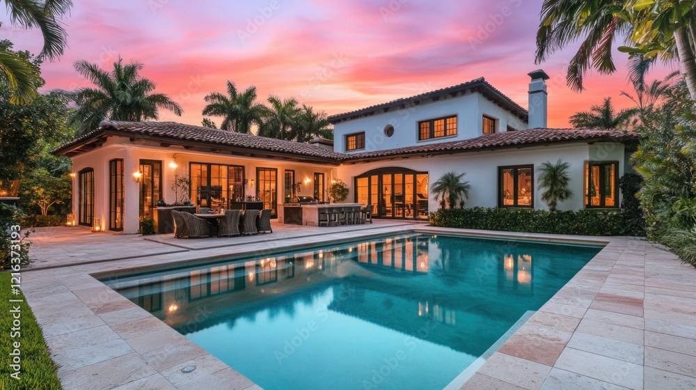 Fototapeta premium Luxury Waterfront Mansion at Sunset