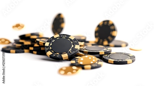 Black and Gold Casino Chips Scattered on White Background photo